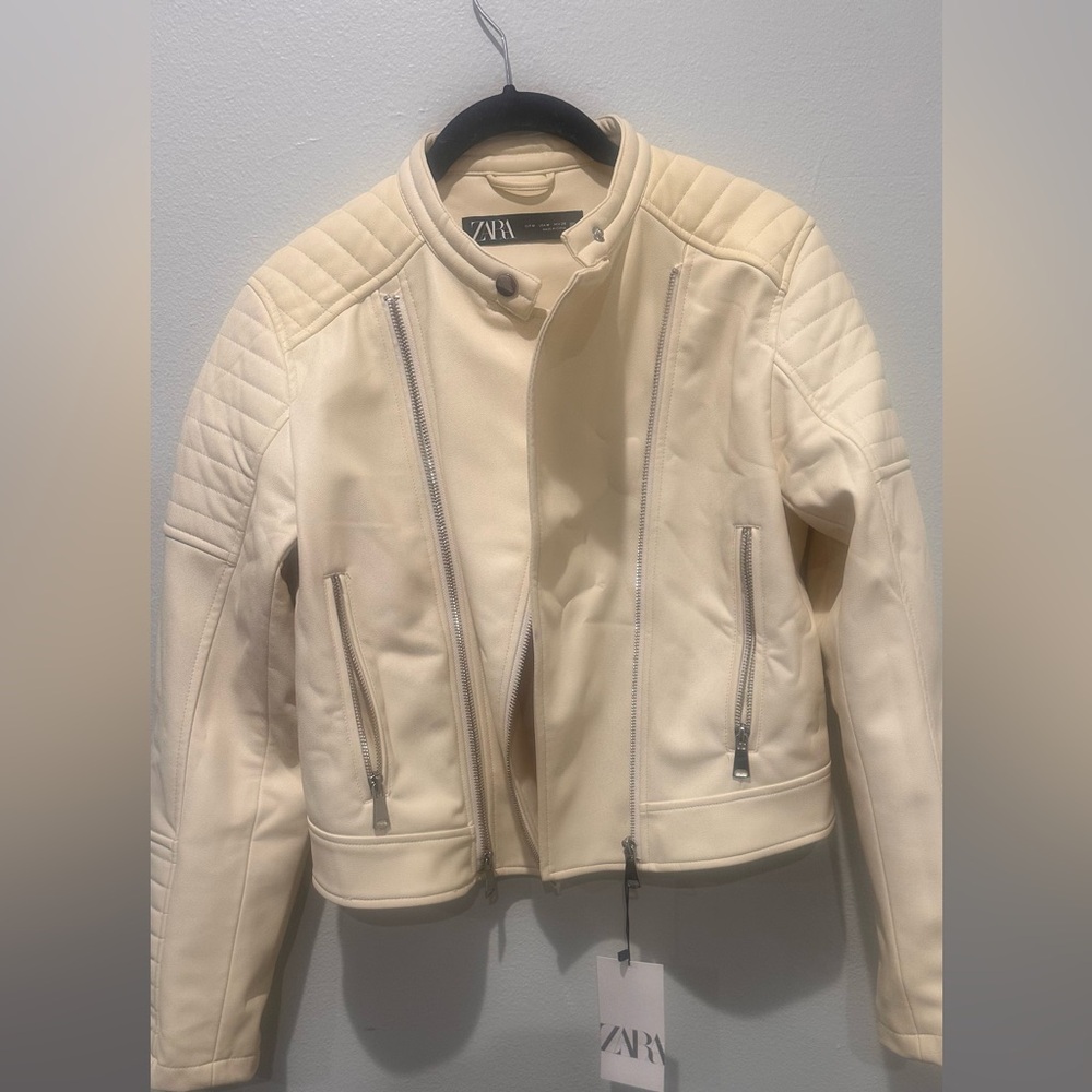 Zara Cream Quilted Biker Jacket